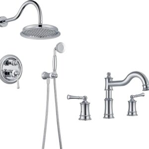 Roman Bathroom Faucet Set, Deck Mount Tub Faucet 3 Hole Widespread, Shower System Faucet Set, Rain Shower Head And High Pressure Handheld Shower, Chrome