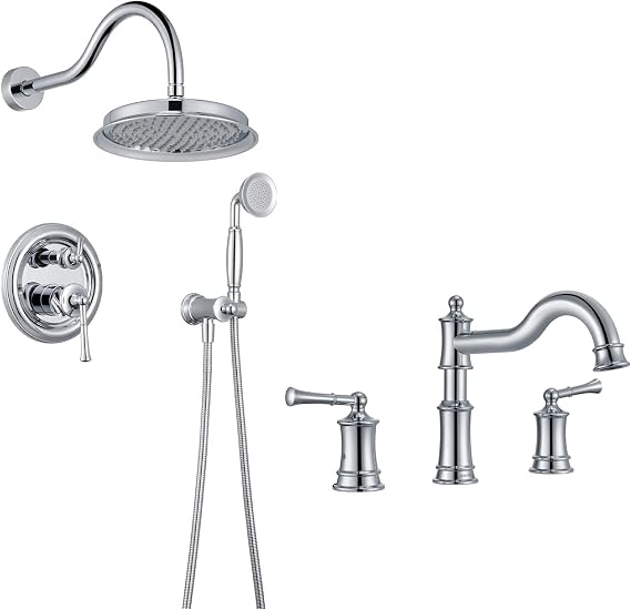 Roman Bathroom Faucet Set, Deck Mount Tub Faucet 3 Hole Widespread, Shower System Faucet Set, Rain Shower Head And High Pressure Handheld Shower, Chrome