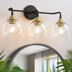Bathroom Light Fixtures 3-Light Black And Gold Vanity Light 22″ | Farmhouse Bathroom Lights, Thickened Clear Glass Shade, UL E26 Dimmable Vanity Lighting Fixtures Over Mirror
