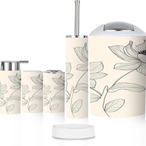 Bathroom Accessory Set 6 Pcs Set Line Art Flowers Lotus Water Lilly Beige Toothbrush Holder, Soap Dispenser, Toothbrush Cup, Trash Can, Toilet Brush Holder For Rustic Decor