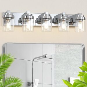 Bathroom Light Fixtures, 5-Light Bathroom Vanity Lights Over Mirror, Polished Chrome Vanity Lights With Glass Shade, 31″ Modern Wall Sconce For Cabinet Porch Bedroom, Hallway E26