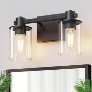 2-Light Udgraded Black Bathroom Light Fixtures, Modern Brushed Bathroom Lights Over Mirror With Clear Glass Shade,Vanity Lights For Bathroom