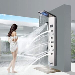 Wall Mounted Bathroom Shower Panel Tower SystemMuti-Function With LED Waterfall/Rainfall Head Massage Jets Tub Spout Handheld Hand Shower Split Shower Towel Brushed Nickel High- End Design