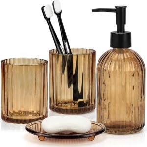 Glass Bathroom Accessories Set, 4Pcs Bathroom Accessories Sets Complete Lotion Soap Dispenser, Toothbrush Holder, Mouthwash Cup, Soap Dish For Bath Decor, Countertop Vanity Organizer (Amber)