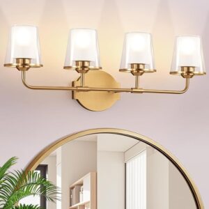 VbiTmn Bathroom Light Fixtures, Brushed Gold Vintage Dual-Layer Glass Shade | 4 Light Gold Vanity Light, Antique Brass Finish, Mounted Over Mirror For Bedroom Hallway, Durable For Humid Bathroom Areas