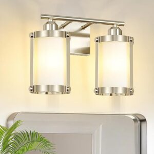2-Light Brushed Nickel Bathroom Light Fixtures With Milk White Frosted Glass, 13.2″ UL-Listed Modern Wall Sconce Over Mirror With Metal Cage For Bath, Hardwire E26, OS-3014BNW-2W