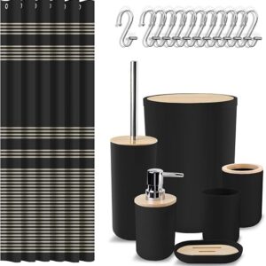 Bathroom Accessory Sets, Black, 19PC, For Decor, Modern | Luxury Elegant Clear Shower Curtain With Hooks Toothbrush And Toilet Brush Holder Soap Dispenser And Dish Trash Can