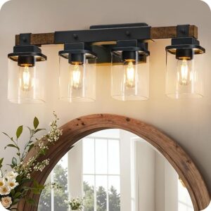 4-Light Bathroom Light Fixtures, Farmhouse Vanity Lights For Bathroom With Glass Square Shade, Rustic Vanity Lights, Sconce Wall Light, E26 Base Bulbs Not Included, ETL Listed FS09BD05