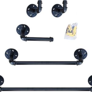 Industrial Pipe Bathroom Hardware Fixture Set – Bathroom Accessories Set – 5-Piece Kit Includes Robe Hook, 24 And 18 Inch Bath Pipe Towel Rack Bar And Toilet Paper Holder, Coated Finish