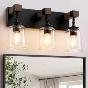 Farmhouse Bathroom Light Fixtures, 3 Light Bathroom Vanity Light, Black Industrial Style With Clear Glass Shades, Wood Bathroom Lighting Fixtures Over Mirror For Bedroom, Living Room
