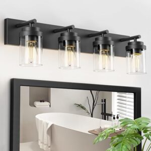 IZORRO Bathroom Vanity Light Fixture, 4-Light 30 Inch Matte Black Bathroom Light Fixtures Over Mirror, With Clear Glass Shade, Modern Farmhouse Vanity Lights, Rustic Restroom Lighting Fixtures