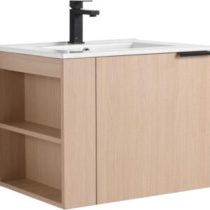 24 Inch Elmridge Modern Bathroom Vanity With White Ceramic Sink, White Oak – Bathroom Storage Cabinet With Open Left Shelves, Vanity Cabinet For Bathroom Organizers And Storage