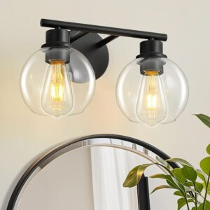 Bathroom Light Fixtures Over Mirror 2-Lights 13.8″ Clear Glass | Black Vanity Lights, Modern Bathroom Vanity Light For Bath, E26 Dimmable (Bulb Excl.), Rust-proof, Easy Install Up/Down