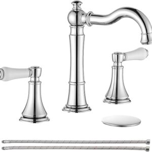 Porcelain Polished Chrome Bathroom Faucet 8″ Widespread 3 Holes | Includes Plastic Pop-Up Drain & Two 23.6″ Supply Lines, Classical 8″ Spread Lavatory & Bath Vanity Sink Faucets, Brass Spout