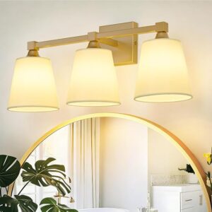 Bathroom Light Fixtures 3-Light Brushed Gold Vanity Lights With Flared White Fabric Shade 22.83″ Bathroom Lighting Fixtures Over Mirror Modern Wall Sconces For Hallway Bedroom Living Room