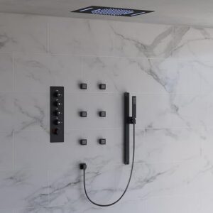 64 Color LED Ceiling Mount Mood Lighting Rainfall Shower System With Slide Bar, 23″ X 15″ Bathroom Shower Faucet Set (Matte Black)