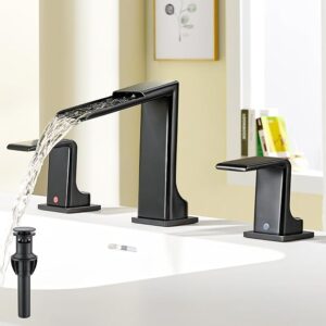 Lead-Free Black Bathroom Faucet 3 Hole – Waterfall 8-Inch Widespread Bathroom Faucet 304 Stainless Steel With Pop Up Drain, 2 Handle Vanity Faucets For Bathroom Farmhouse Sink, Restroom, Lavatory
