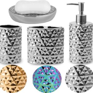 Silver Bathroom Accessories Set 5 Pcs – Toothbrush Holder, Lotion Soap Dispenser, 2 Soap Dish, Tumbler, Bathroom Tumbler – Countertop Vanity Organizer – Bathroom Accessory Set