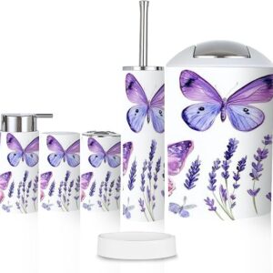 Bathroom Accessory Set 6 Pcs Set Pink Purple Butterflies Bouquet Twigs Lavender An White Toothbrush Holder, Soap Dispenser, Toothbrush Cup, Trash Can, Toilet Brush Holder For Rustic Decor
