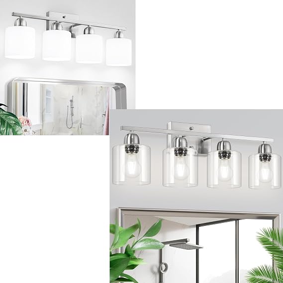 4 Light Bathroom Light Fixtures, Brushed Nickel Vanity Lights For Bathroom With Glass Shade, Wall Lights For Mirror Bedroom Living Room E26 Base