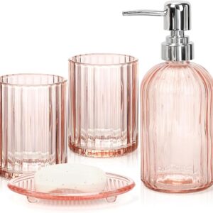 Glass Bathroom Accessories Set, 4Pcs Bathroom Accessories Sets Complete Lotion Soap Dispenser, Toothbrush Holder, Mouthwash Cup, Soap Dish For Bath Decor, Countertop Vanity Organizer (Pink)