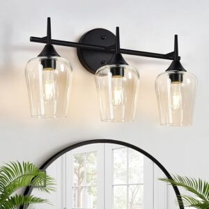 MOKATNG 3-Light Bathroom Light Fixtures, Black Vanity Lights For Bathroom With Clear Glass, 19.5 Inch Bathroom Lighting Fixtures Over Mirror, Modern Wall Lamp For Cabinet Hallway