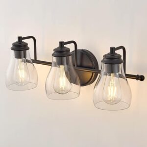 Black Bathroom Light Fixtures, 3 Light Bathroom Vanity Light With Clear Glass Shade, Bathroom Lighting Fixtures Over Mirror