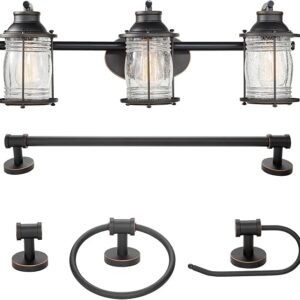 Globe Electric 51549 5-Piece All-in-One Bathroom Set, Oil Rubbed Bronze, 3-Light Vanity Wall Light With Ribbed Seeded Glass Shades, Towel Bar And Ring, Robe Hook, Toilet Paper Holder