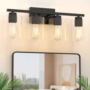 Honesorn Bathroom Vanity Light Fixtures 4-Light, 24 Inch, 60W, Matte Black | Modern Vanity Lighting Fixtures With Clear Glass Shade, Bathroom Wall Lamp For Mirror Restroom, E26 Base, Bulb Not Included