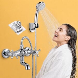 Bathtub Faucet With Hand Shower Tub Filler Wall Mount Chrome Solid Brass Retro Shower Mixer Tap, Exposed Bath Faucet Set With Cross Handles And No-Drill Bracket (Chrome)