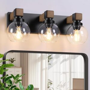 Farmhouse Bathroom Light Fixtures, 3-Light Rustic Wood Bathroom Lights Over Mirror With Glass Globe Shades, Matte Black Wall Mounted Lamp Vanity Lights For Bathroom Bedroom Living Room Cabinet
