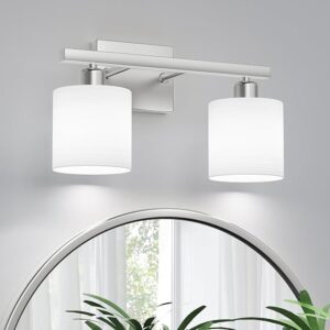 Bathroom Light Fixtures, Bathroom Lighting Fixtures Over Mirror, Classic Vanity Lights, Modern Vanity Light With Textured Frosted Opal White Glass Shades, Brushed Nickel, 2-Light