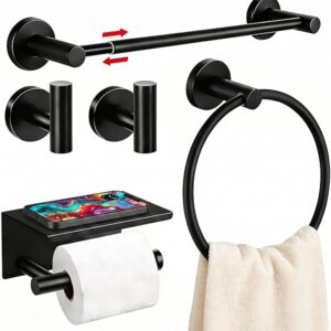 5Pcs Bathroom Hardware Set, Matte Black Bathroom Accessories Set With 24″ Towel Bar, Upgraded Toilet Paper Holder With Shelf, Towel Ring & 2 Robe Hooks, Wall Mounted Stainless Steel Bath Hardware Set