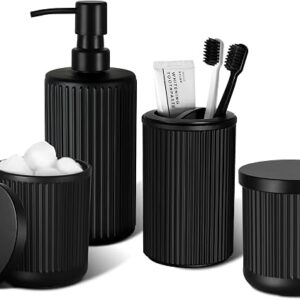 KASUNTING Matte Black Bathroom Accessories Set, 4 Pcs Glass Bathroom Accessory Set, Soap Dispenser, Toothbrush Holder, Qtip Holder Set, Bathroom Sets Complete, Bathroom Sink Set For Modern Home Decor