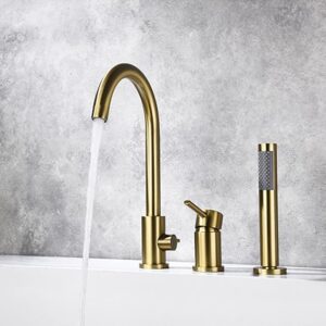 Bathtub Faucet, High Flow Tub Filler Faucet, 3 Holes Deck Mount Widespread Bathroom Faucet, Single Handle Mixer Tap With Handheld Shower And Tub Spout, Bath Tub Faucet Set, Brass, Brushed Go