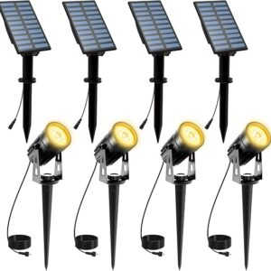 4 Pack Solar Landscape Spotlights, T-SUNUS Garden Spot Light IP65 Waterproof 9.8ft Cable, 2000mAh Separated Panel, Auto On/Off For Garden Driveway Pathway Pool Area Warm White 3000K