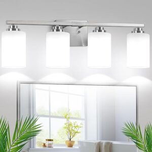VerRon 4-Light Brushed Nickel Bathroom Light Fixtures Over Mirror 27 Inches | Modern Vanity Lights Over Mirror With Milky White Glass Shade, Wall Sconce Light Fixture For Living Room Cabinet Bedroom