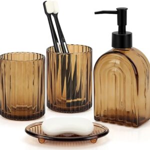 Bathroom Accessories Set, 4Pcs Glass Bathroom Accessories Sets Complete Lotion Soap Dispenser, Toothbrush Holder, Mouthwash Cup, Soap Dish For Bathroom Decor, Countertop Organizer (Amber B)