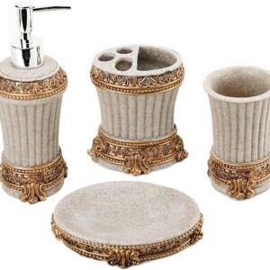 Resin Bathroom Accessories Set,Toothbrush Cup/soap Dish/Toothbrush Holder/soap Dispenser, Bathroom Set Complete Essentials, Farmhouse Bathroom Accessories Boho (Beige+Gold)