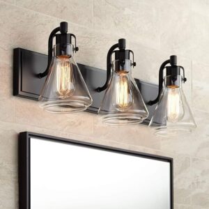 Cindy 24″ Wide Bronze Farmhouse Bath Wall Mount 3-Light Fixture | Industrial Rustic Brown Metal Hardwired Clear Glass Shade Bathroom Vanity Mirror House Hallway Room Decor
