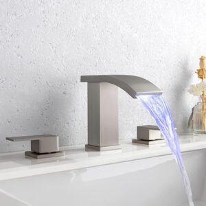 LED Bathroom Faucets 3 Hole 8 Inch Bathroom Sink Faucet Waterfall, 2 Handles Widespread Vanity Tap With Supply Lines, 3 Colors Light Changing, Brushed Nickel