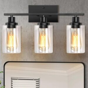 Bathroom Light Fixtures, 3-Light Vanity Lights, Black Bathroom Vanity Light | Modern Bathroom Wall Lamp With Clear Glass Shades, Metal Frame Wall Lamps For Bedroom Washroom Living Room Hallway E26 Base