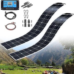 2PCS Flexible Solar Panel 200W Monocrystalline Cell Semi-Flexible For Marine RV Trailer Boat Cabin Van Car Uneven Surfaces, Solar Panel Kit With 40A Charge Controller