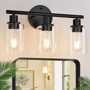 Zarbitta 3-Light Bathroom Light Fixtures, 17.23″ Black Modern Vanity Lights With Clear Glass Shade, Bathroom Wall Lamp For Mirror Kitchen Living Room Hallway Cabinet Porch