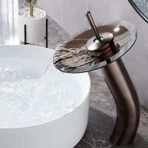 Waterfall Bathroom Faucet Glass Single Handle Solid Brass Basin Lavatory Vessel Sink Vanity Faucet, Tall, Oil Rubbed Bronze …