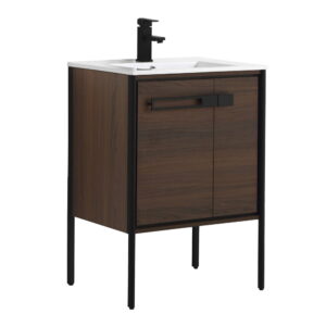 Fine Fixtures Oakville Bathroom Vanity with White Ceramic Sink Walnut Ebony – Black Hardware 24 Inch