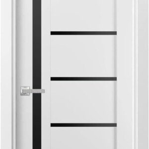 Solid Interior French Pre-Hung Door | Quadro 4588 White Silk With Black Glass | Single Regular Panel Frame Trims Handle | Bathroom Bedroom Sturdy Doors -18″ X 80″-Black Glass