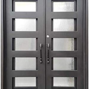 Reno Exterior Double Front Entry Door Wrought Iron With Operable Tempered Rain Glass Inside Swing Dark Bronze Finish (62 By 82 Right Hinge Active)