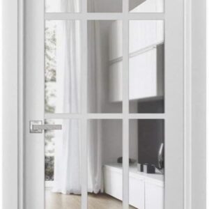 Solid French Door Clear Glass 12 Lites 28 X 84 Inches | Felicia 3355 Matte White | Single Regular Panel Frame Trims Handle | Bathroom Bedroom Sturdy Doors