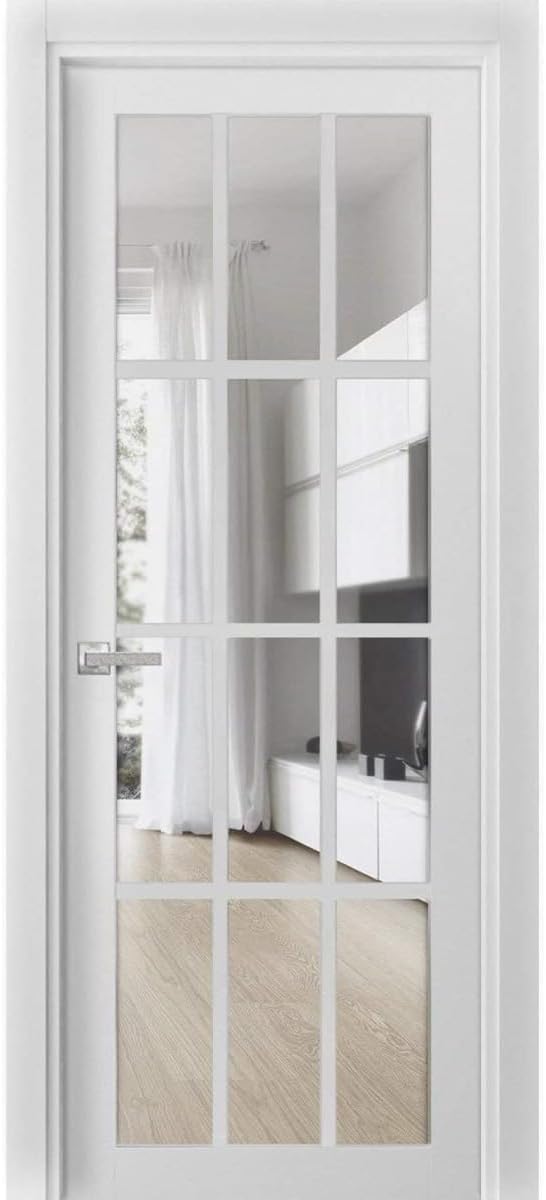 Solid French Door Clear Glass 12 Lites 28 X 84 Inches | Felicia 3355 Matte White | Single Regular Panel Frame Trims Handle | Bathroom Bedroom Sturdy Doors